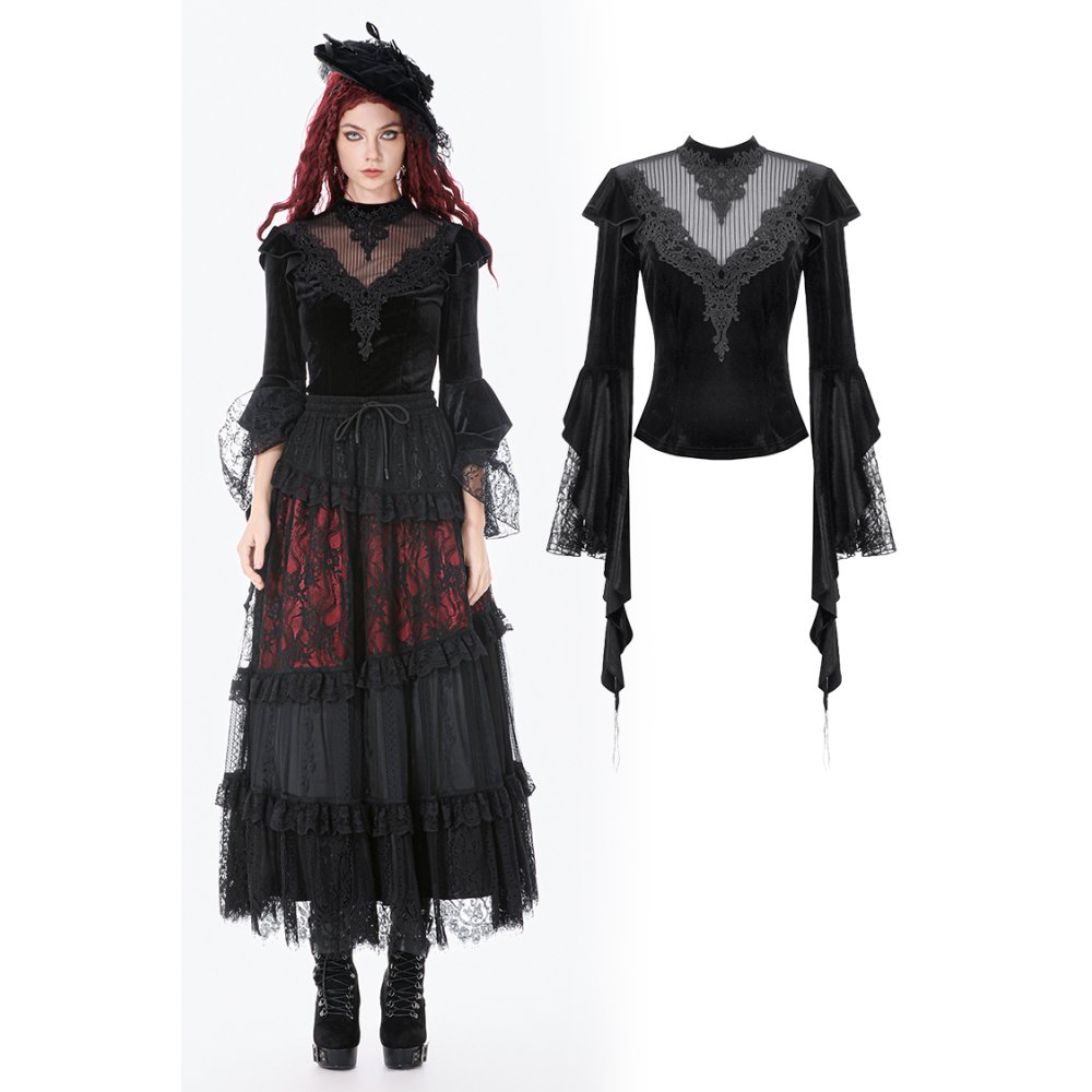 Dark in Love - Velvet Lace HighNeck Longsleeve top - Black